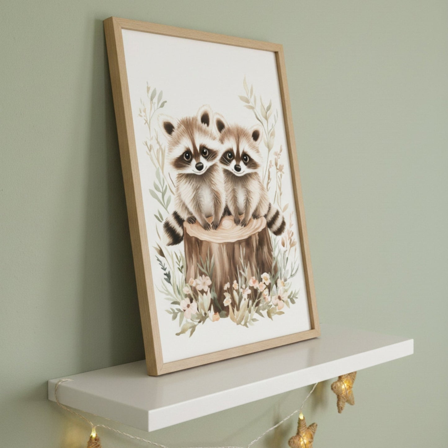 Affiche Ratons Laveurs & Forêt Fleurie  décoration murale chambre bébé enfant.