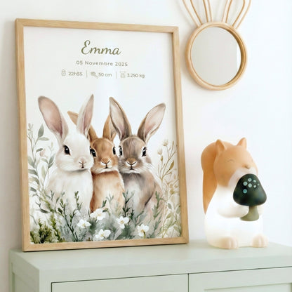 Affiche Le Trio Des Lapins  décoration murale chambre bébé enfant.