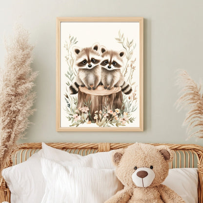 Affiche Ratons Laveurs & Forêt Fleurie  décoration murale chambre bébé enfant.