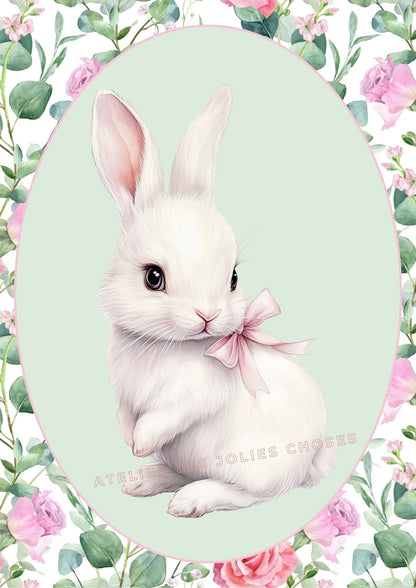 Affiche Lapin & Motif Fleuri  décoration murale chambre bébé enfant.