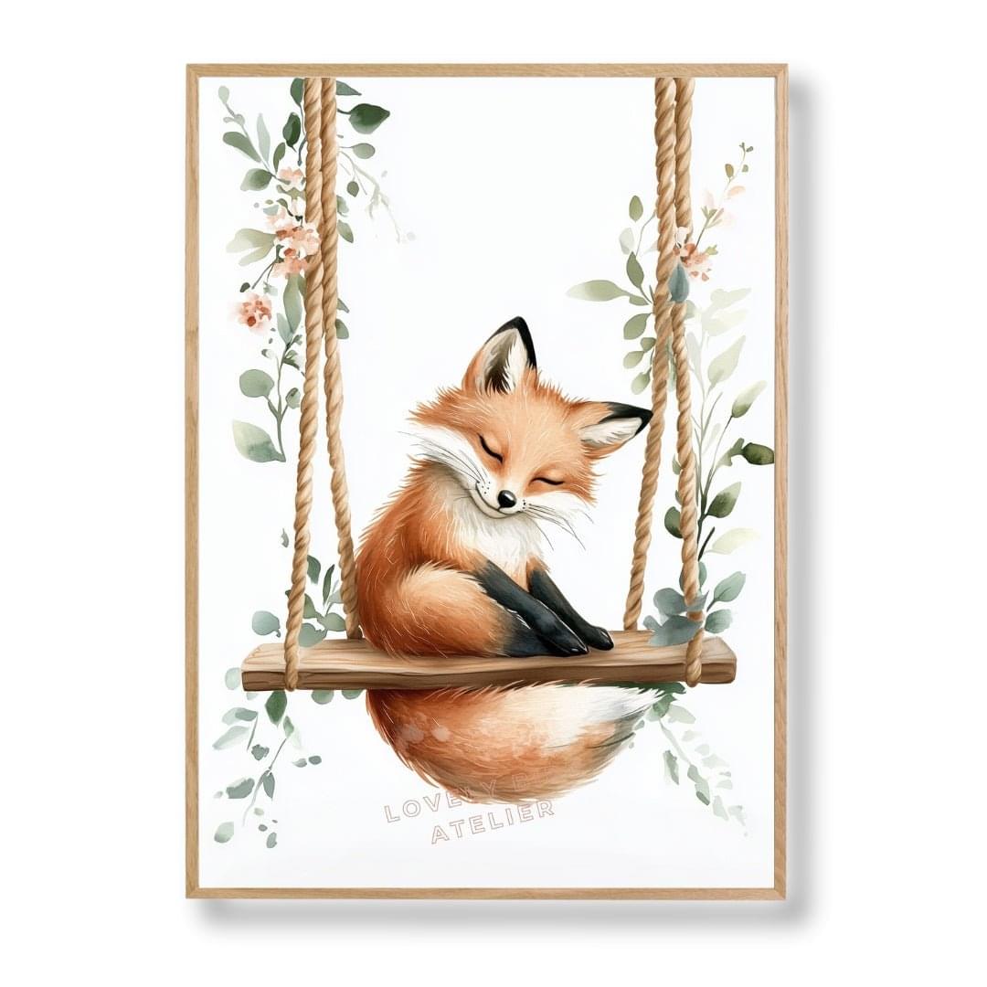 Affiche  Petit Renard & Balancelle  décoration murale chambre bébé enfant.