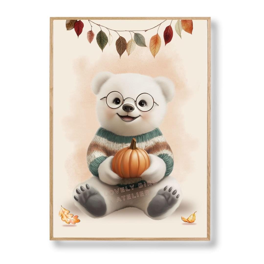 Affiche  Bébé Ours & Automne  décoration murale chambre bébé enfant.