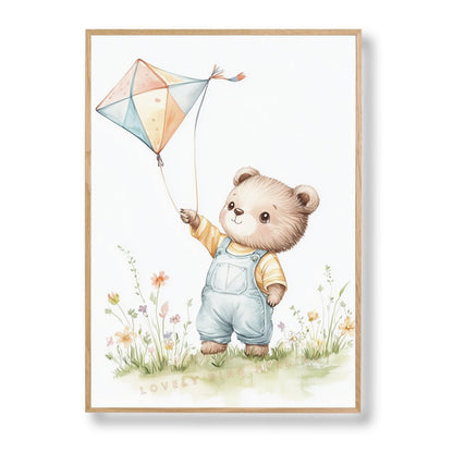 Affiche Joli Ourson & Cerf-Volant  décoration murale chambre bébé enfant.
