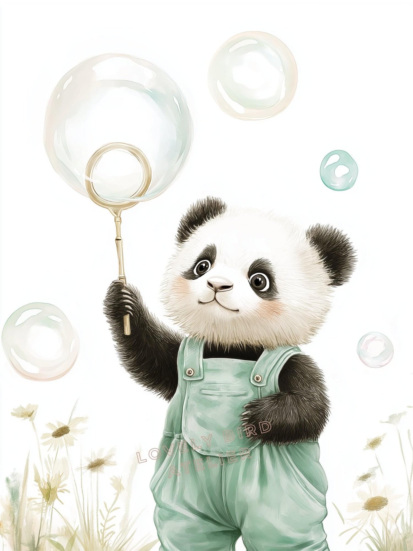 Tableau Panda & Bulles  décoration murale chambre bébé enfant.