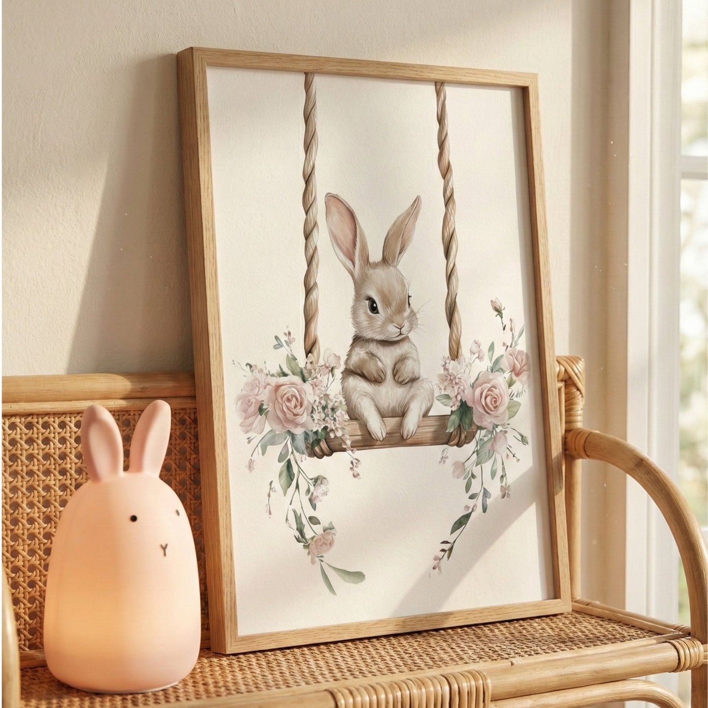 Affiche - Lapin sur Balançoire printanière  décoration murale chambre bébé enfant.
