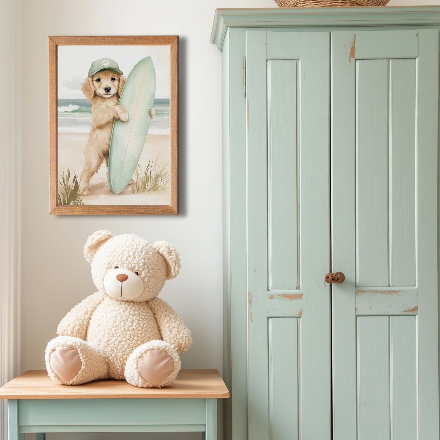 Affiche Petit Chien & Surf  décoration murale chambre bébé enfant.