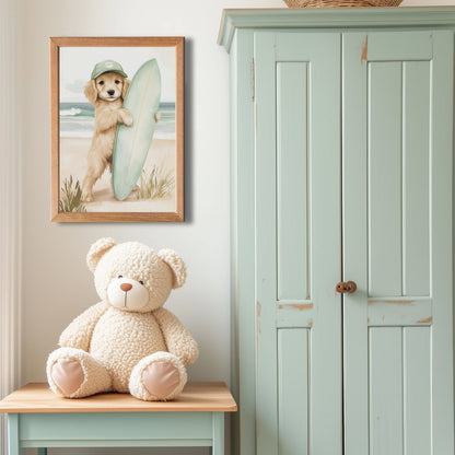 Affiche Petit Chien & Surf  décoration murale chambre bébé enfant.