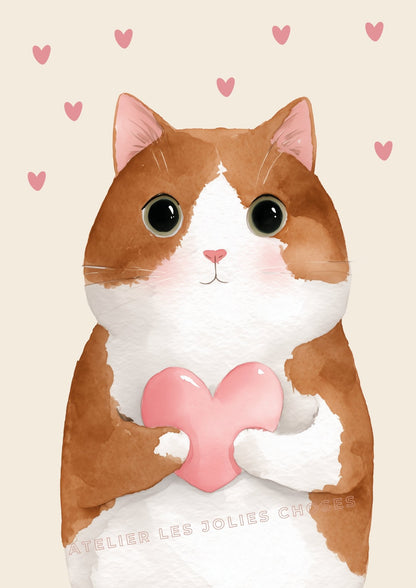 Affiche Kawaii Chat & Cœur  décoration murale chambre bébé enfant.