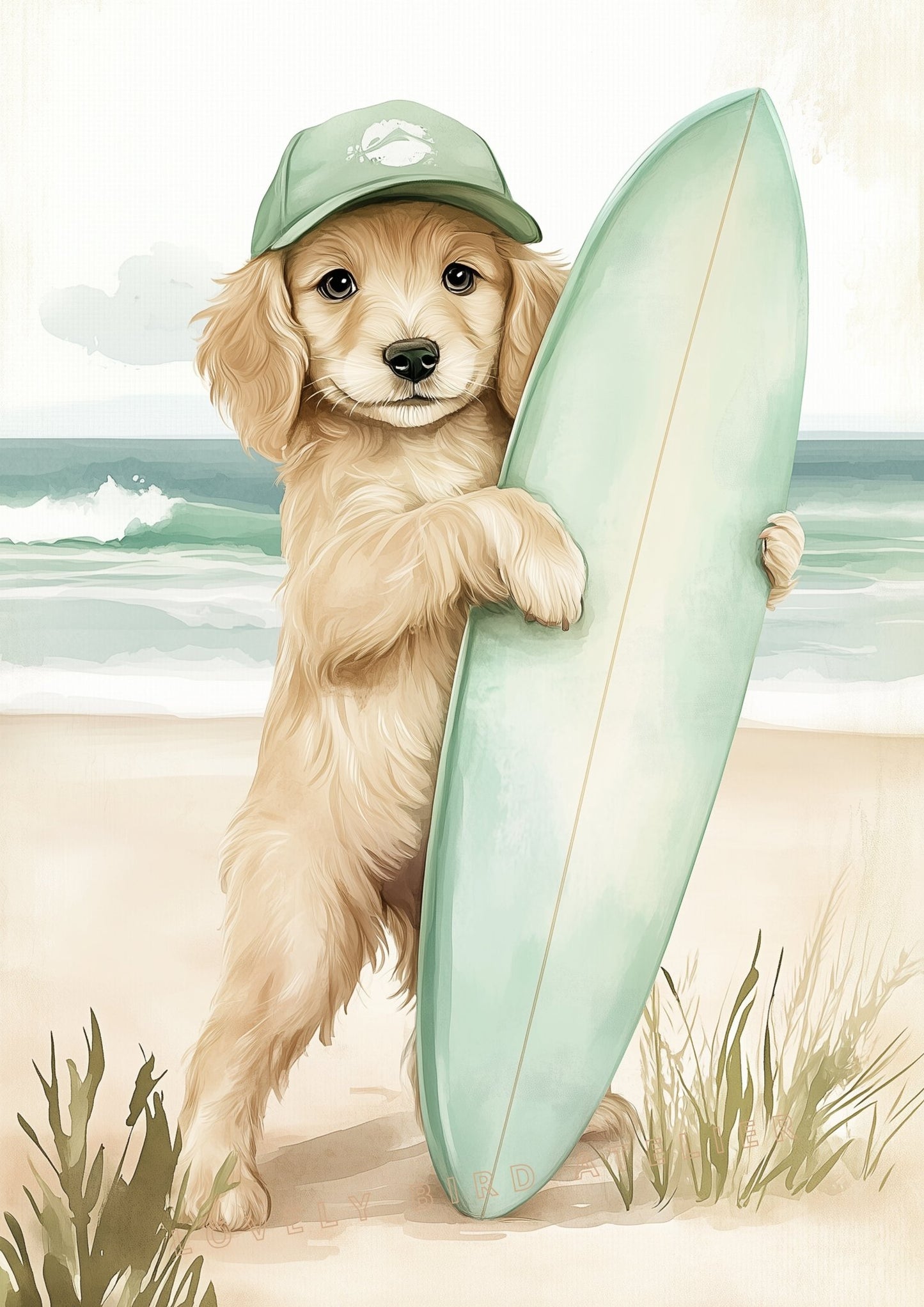 Affiche Petit Chien & Surf  décoration murale chambre bébé enfant.
