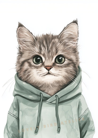 Affiche Chaton & Hoodie Sauge  décoration murale chambre bébé enfant.