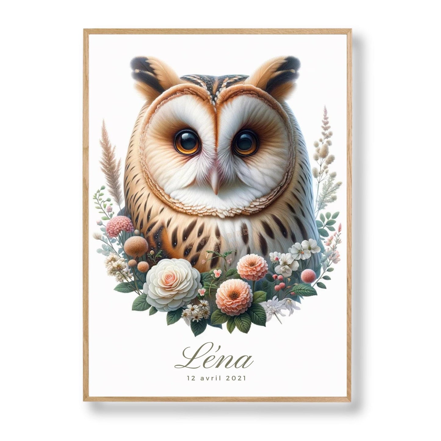 Tableau Hibou  & Fleurs  décoration murale chambre bébé enfant.