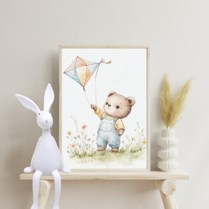Affiche Joli Ourson & Cerf-Volant  décoration murale chambre bébé enfant.
