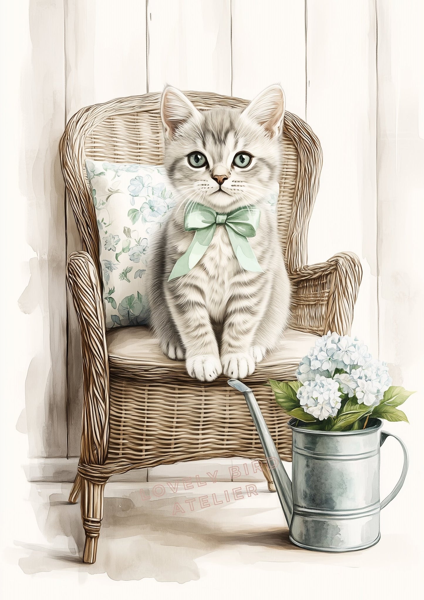 Joli Petit Chat & Hortensia  décoration murale chambre bébé enfant.