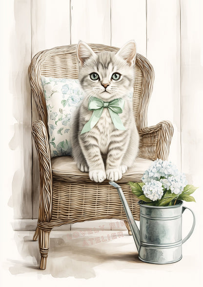 Joli Petit Chat & Hortensia  décoration murale chambre bébé enfant.