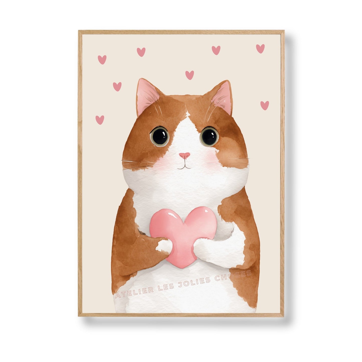 Affiche Kawaii Chat & Cœur  décoration murale chambre bébé enfant.