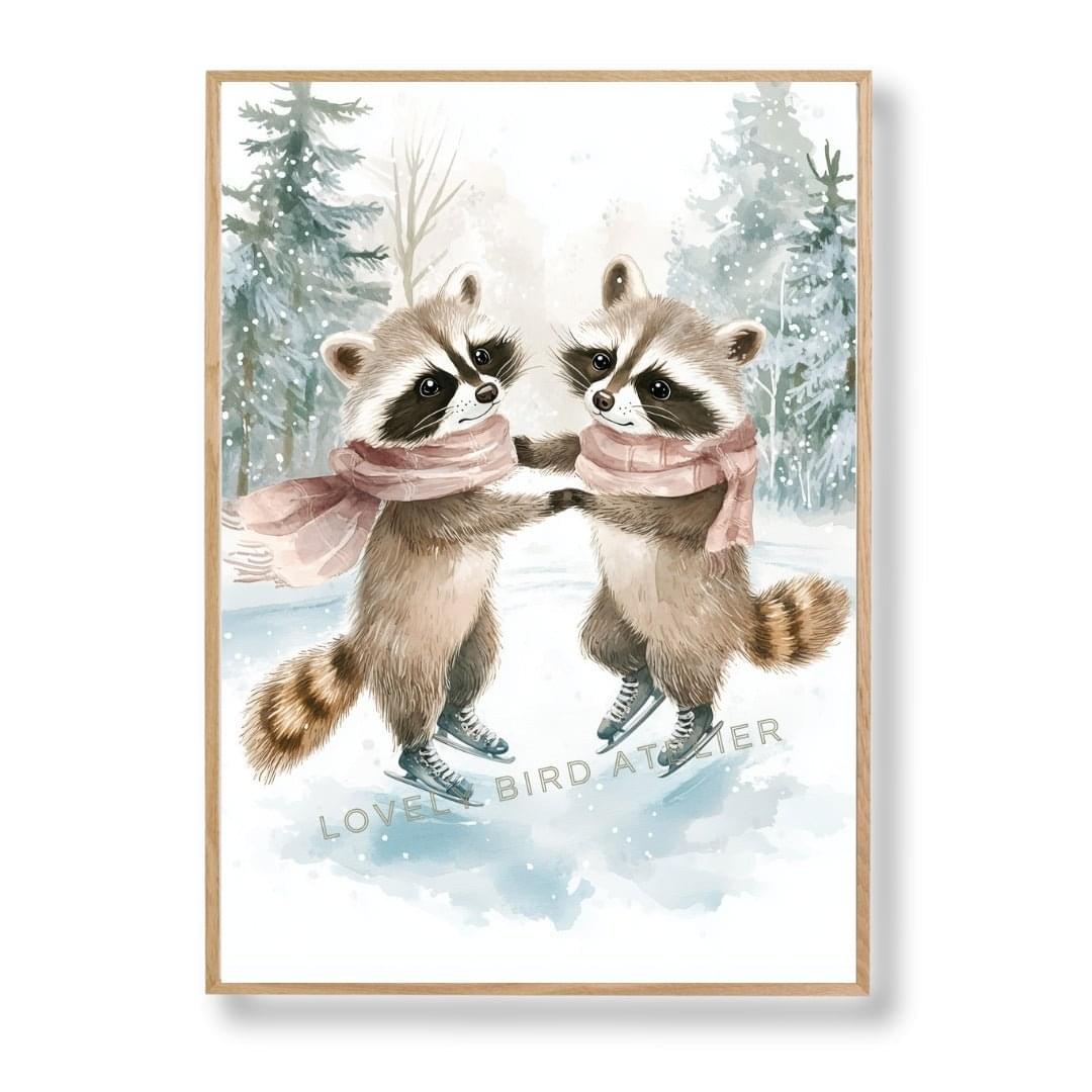 Affiche Duo Ratons Laveurs sur Glace  décoration murale chambre bébé enfant.