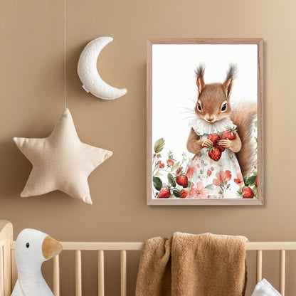 Affiche Ecureuil & Fraises  décoration murale chambre bébé enfant.