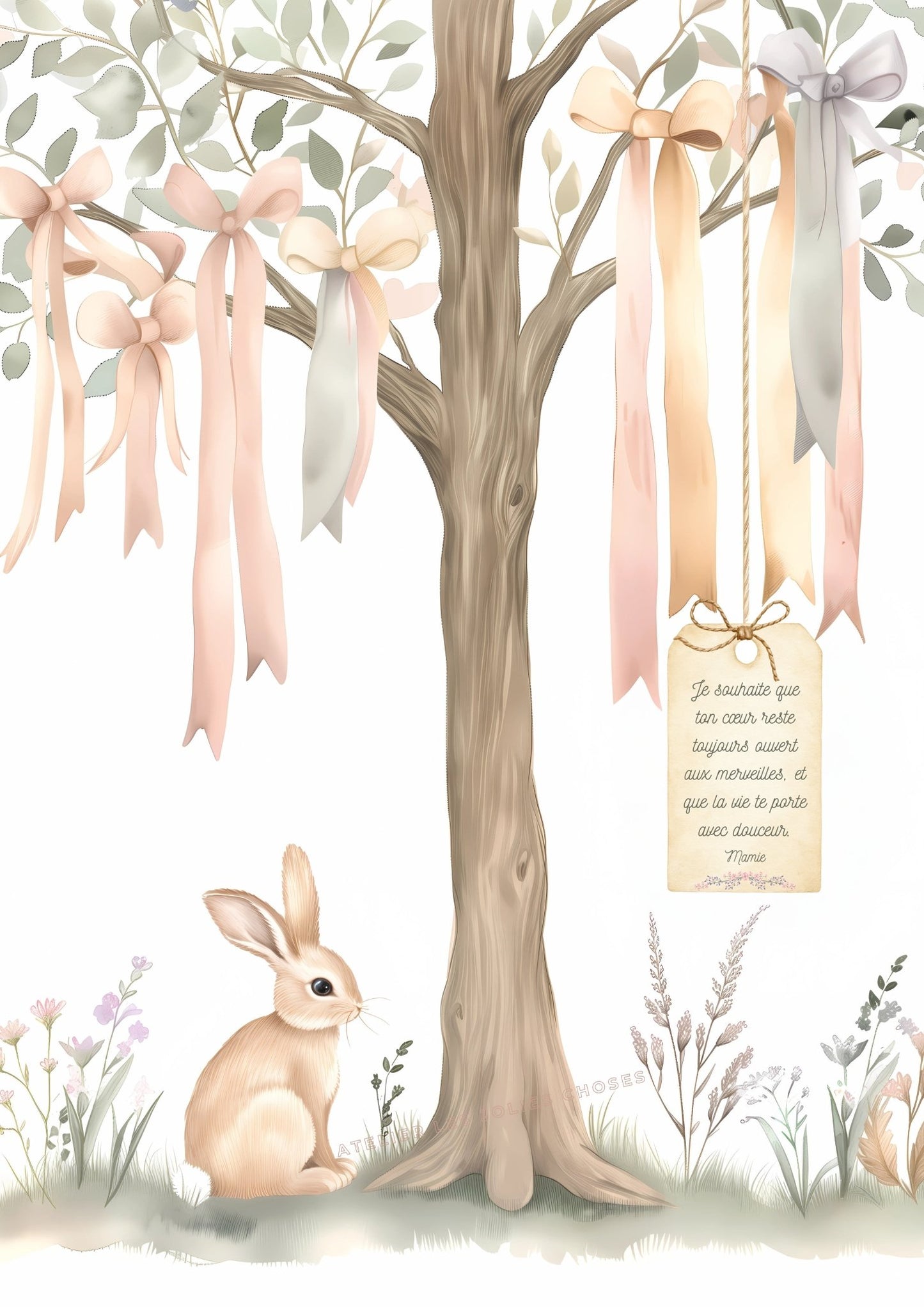 Petit lapin sous les rubans  décoration murale chambre bébé enfant.