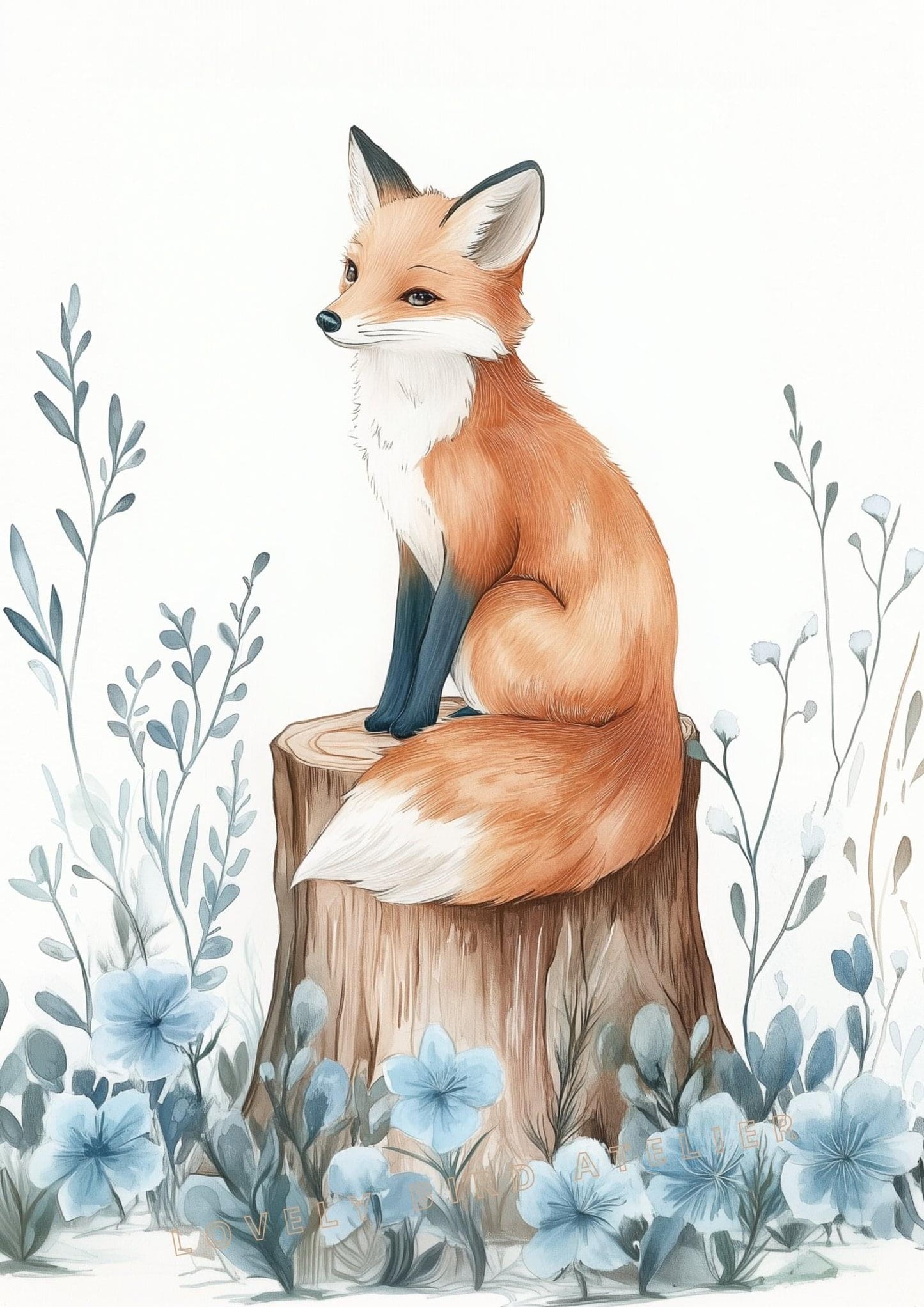 Renard & Fleurs Bleues – Charme Caché de la Forêt  décoration murale chambre bébé enfant.