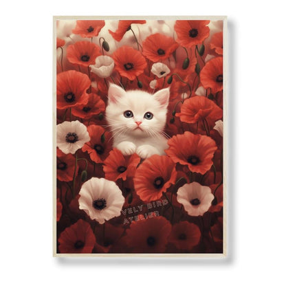 Affiche Chat &  Coquelicots  décoration murale chambre bébé enfant.