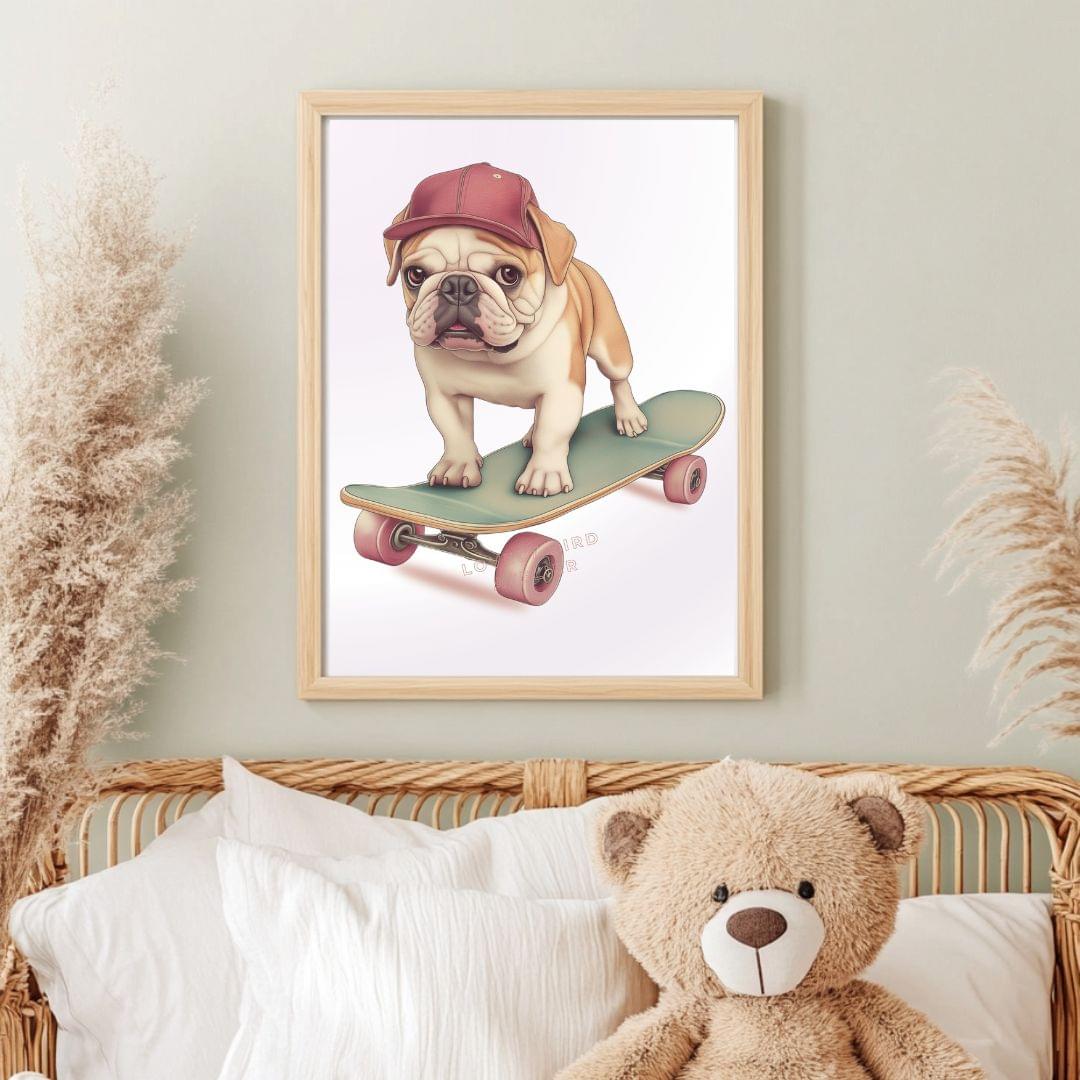 Affiche Bouledogue & Skateboard  décoration murale chambre bébé enfant.