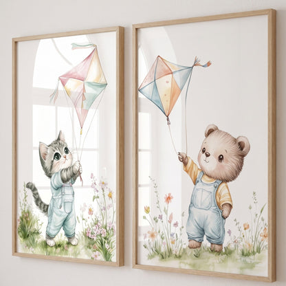 Affiche Chat & Cerf-Volant décoration murale chambre bébé enfant