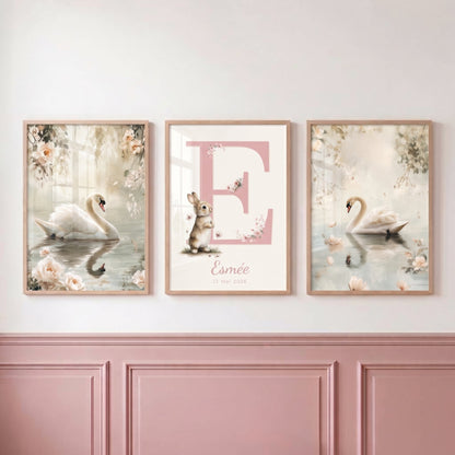 Affiche Cygne & Floraison Pastel décoration murale chambre bébé enfant