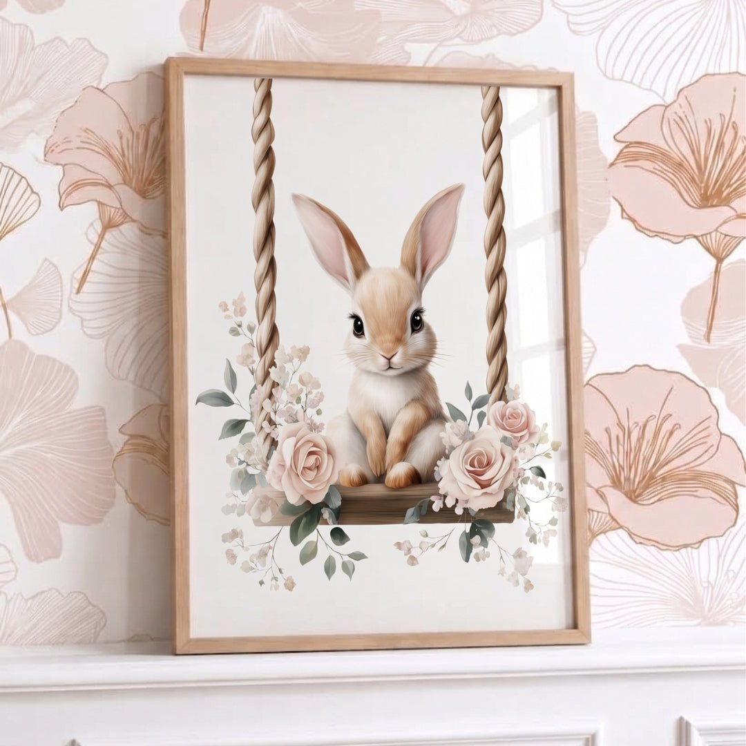 Affiche Lapin & Balancelle Fleurie décoration murale chambre bébé enfant