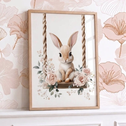 Affiche Lapin & Balancelle Fleurie décoration murale chambre bébé enfant