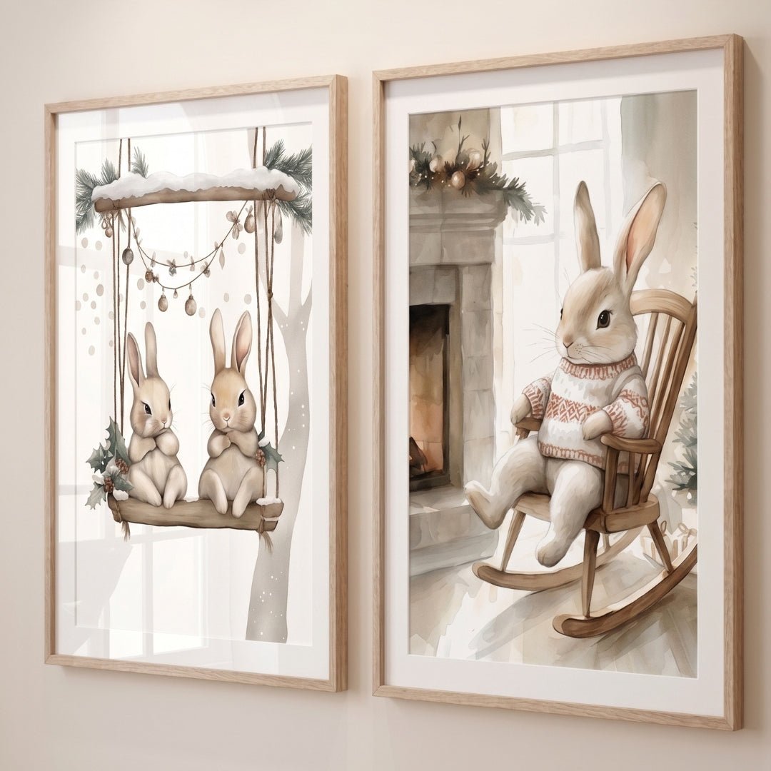 Affiche Lapin sur Rocking Chair - Noël décoration murale chambre bébé enfant