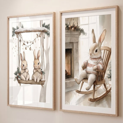 Affiche Lapin sur Rocking Chair - Noël décoration murale chambre bébé enfant