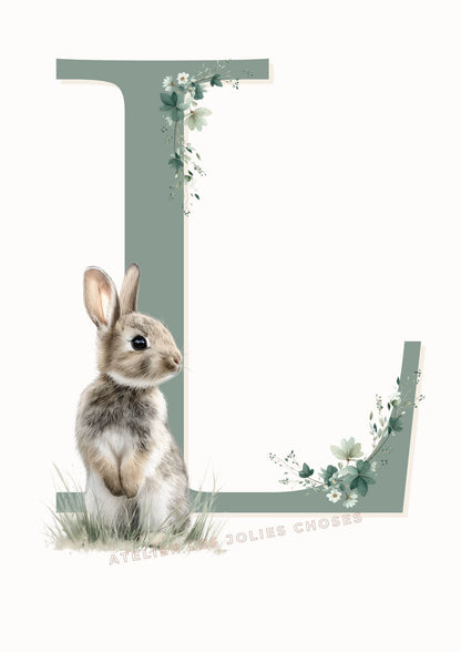 Affiche Lettre L et son petit animal décoration murale chambre bébé enfant