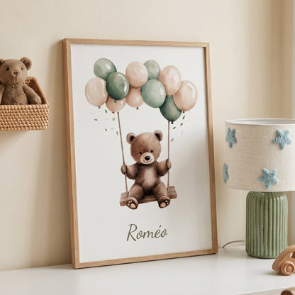 Affiche Ours & Balançoire décoration murale chambre bébé enfant