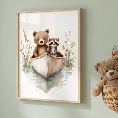 Affiche Ours & Raton Laveur en Canoë décoration murale chambre bébé enfant