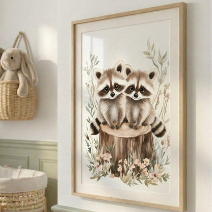Affiche Ratons Laveurs & Forêt Fleurie décoration murale chambre bébé enfant