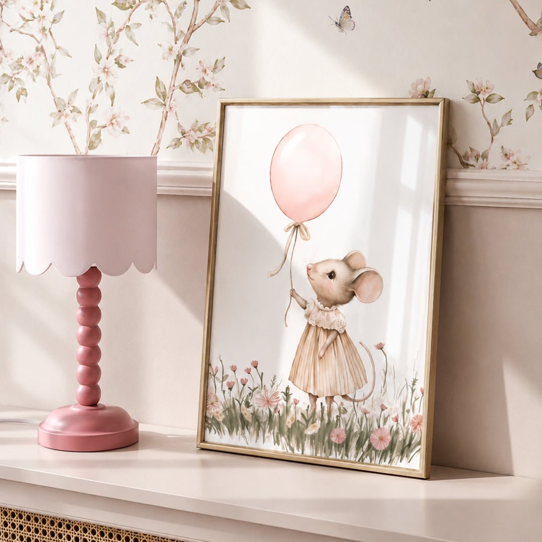 Affiche Souris & Ballon Rose décoration murale chambre bébé enfant