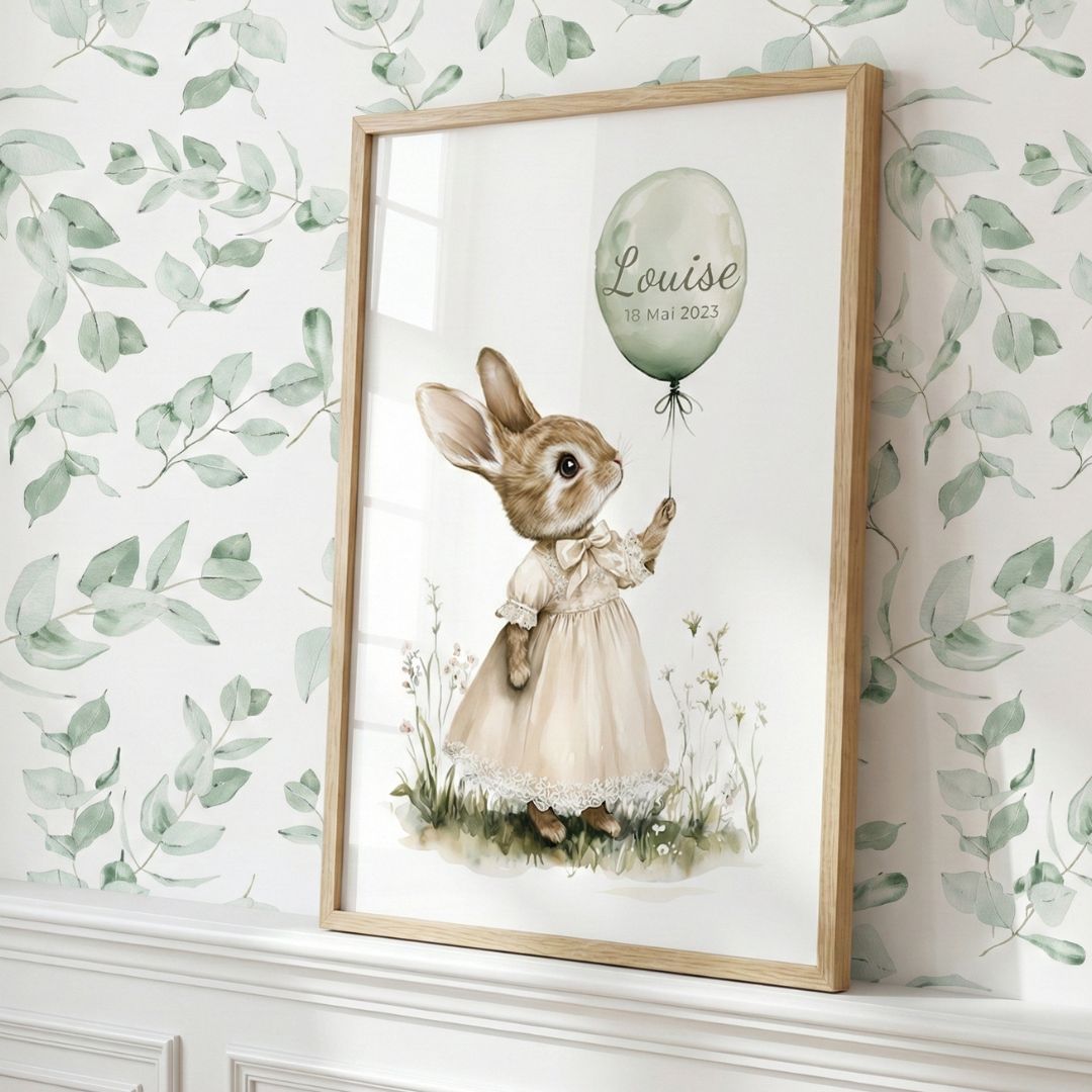 Illustration Lapin & Ballon décoration murale chambre bébé enfant