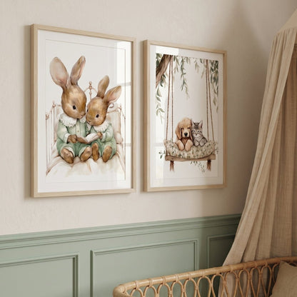 Illustration – Les petits lapins lecteurs décoration murale chambre bébé enfant