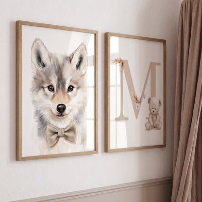 Tableau Loup & Nœud Papillon décoration murale chambre bébé enfant