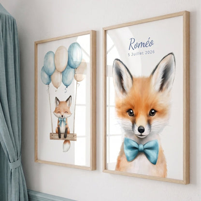 Tableau Petit Renard & Nœud Papillon décoration murale chambre bébé enfant